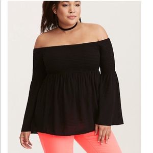 SMOCKED CHALLIS OFF SHOULDER BLOUSE